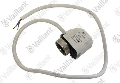 Vaillant Stellantrieb mit Kabel und Anschluss für ein Zonenventil. Sichtbare Anschlussdrähte in Blau, Braun und Gelb-Grün. Metallisches Gehäuse und Kunststoffelemente.